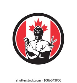 Icon retro style illustration of a Canadian barber with scissors and hair trimmer with Canada maple leaf flag set inside circle on isolated background.