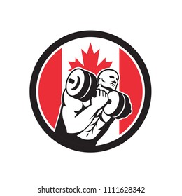 Icon retro style illustration of a Canadian fitness gym circuit with athlete lifting dumbbell and Canada maple leaf flag set inside circle on isolated background.