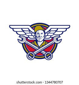 Icon Retro Style Illustration Of A Crew Chief Or Aircraft Mechanic With Crossed Spanner Or Wrench And Aviator Or Army Wings Set Inside Circle On Isolated Background.