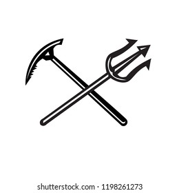 Icon retro style illustration of a crossed mountain ice axe and a trident fork on isolated background done in black and white.