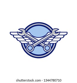 Icon retro style illustration of a crossed spanner or wrench and air force, aviator or army wings set inside circle on isolated background.