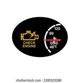 Icon retro style illustration of a dashboard with check engine sign or symbol warning  and temperature gauge on black oval on isolated background.