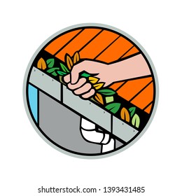 Icon retro style illustration of a hand cleaning a roof gutter, guttering, rain gutter, eavestrough or surface water collection channel clogged with leaves set inside circle on isolated background.