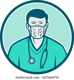 Icon retro style illustration of a male physician, health professional or nurse wearing a surgical mask and stethoscope viewed from front set inside circle on isolated background.