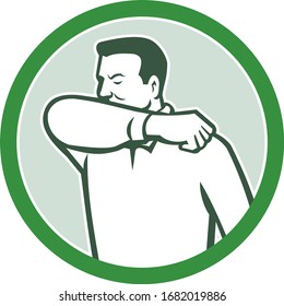 Icon retro style illustration of a man sneezing or coughing into crook of elbow to prevent the fluids and virus infection from spreading set inside circle on isolated white background.