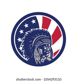 Icon retro style illustration of Native American Indian chief wearing war bonnet, a feathered headgear with United States of America USA star spangled banner or stars and stripes flag inside circle.