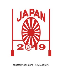 Icon retro style illustration of a rugby goal post and Japanese sakura and rising sun with words Japan 2019 on isolated background.