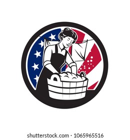 Icon retro style illustration of an vintage American housewife washing laundry with United States of America USA star spangled banner or stars and stripes flag inside circle isolated background.