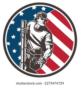 Icon retro style power lineman telephone repairman electrician worker circle  USA stars and stripes flag 