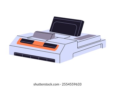 Icon of retro videogame console with cartridges. Equipment to play old 8bit video games. Oldschool cybersport gear. Device for gamers of 90s. Flat isolated vector illustration on white background