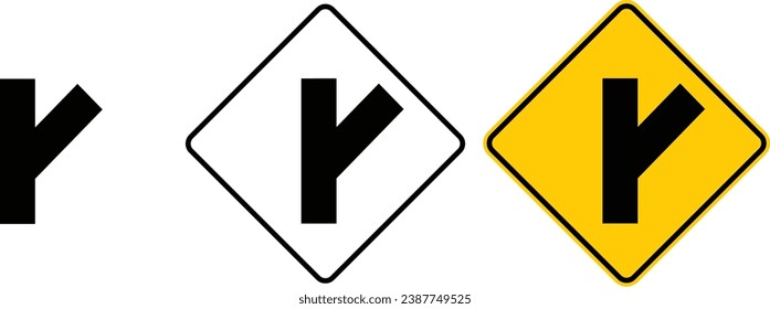 icon Right Side Road (Diagonal) sign  yellow outline traffic warning sign design for yellow background and black and white background