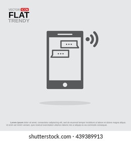Icon of ringing smartphone with message indication.
Symbol of mobile phone with talk clouds on grey background with flat shadow.