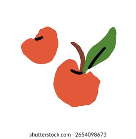 Ícone de maçãs vermelhas maduras. Frutos frescos de exploração, com folhas verdes. Cultivo orgânico de jardim, colheita natural de pomar. Comida saudável, lanche suculento. Ilustração de vetor desenhada à mão isolada plana sobre fundo branco