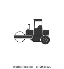 Icon of road roller on gray background, round shadow.
