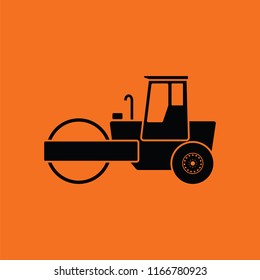 Icon of road roller. Orange background with black. Vector illustration.