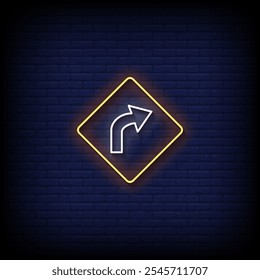 icon road sign neon style vector with brick wall background