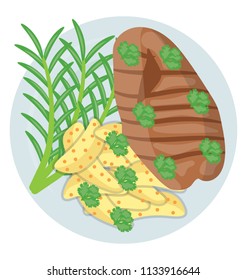 
Icon is roasted chicken depicted by grilled beef garnished with potato veggies 
