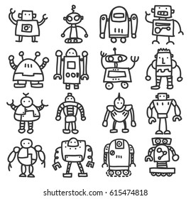 icon robot cute doodle hand drawn vector set art illustration