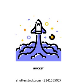 Icon of rocket launch for outer space or cosmos exploring concepts. Flat filled outline style. Pixel perfect 64x64. Editable stroke