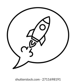 Icono de un cohete lanzándose dentro de una burbuja de discurso, simbolizando comunicación rápida, inicio e ideas innovadoras.