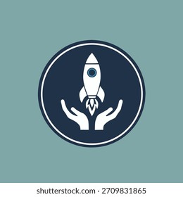 El ícono del lanzamiento de un cohete con el apoyo de un par de manos, simboliza la aceleración, la innovación y la Asistencia para nuevas empresas o nuevos proyectos.