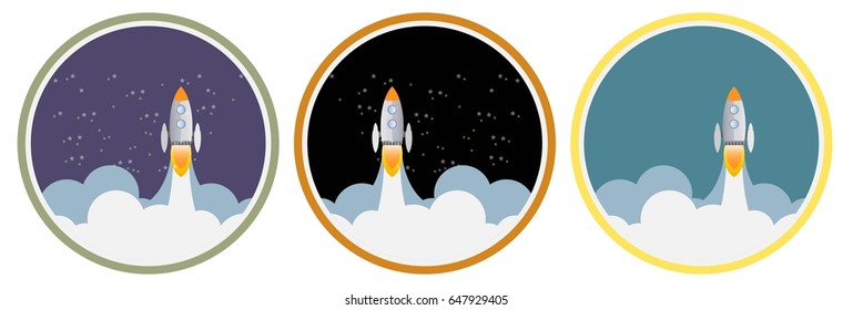 Icon of Rocket ship flying in dark sky. Vector art and illustration