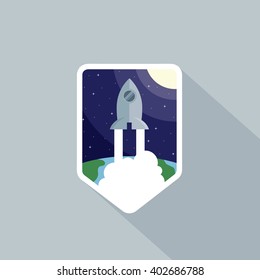 Icon with rocket in space into flat style. On the background is space, the sky, the stars, the sun, earth and smoke planet. The trend and stylish emblem with long shadow on a gray background