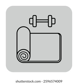 Icon of rolled yoga mat and dumbbell, symbolizing health and fitness. Active lifestyle concept