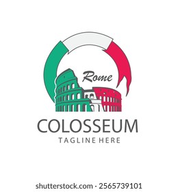 icon of Roman Colosseum building with flag isolated on white background