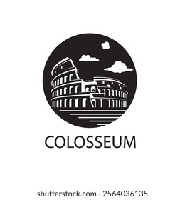 icon of Roman Colosseum building isolated on black background