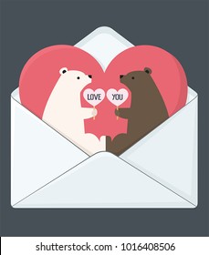 Icon romantic envelope with card in the form of heart. On the postcard a pair of loving bears and the inscription: I love you.