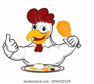 icon A rooster with a well-built body and muscular arms carries a large, crispy fried chicken thigh with a plate of kentucky menu complete with egg rice super spicy chili sauce and cucumber salad.