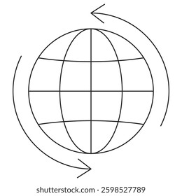 Icon of a rotating globe with arrows, symbolizing global connection, synchronization, and international exchange. Vector pictogram with thin black lines on a transparent. Line thickness is editable