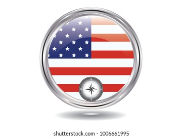 Icon, round - American flag, compass - isolated on white background - vector illustration. Travel logo