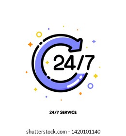 Icon of round arrow with 24/7 numbers as 24 hours 7 days week open customer service or delivery for help and support concept. Flat filled outline style. Pixel perfect 64x64. Editable stroke