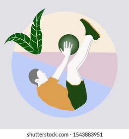 Icon is round - Athlete lying on his back does an exercise with a metal ball - vector. Sport Club