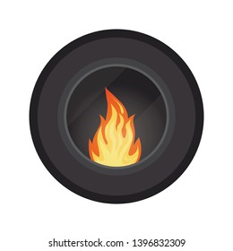 Icon round black modern electric or gas cozy fireburning fireplace isolated on white background. Heating system. Element of winter home interior scene design. Vector cartoon flat style illustration.