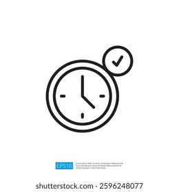Icon of a Round Clock with a Checkmark Indicating Time Management and Scheduling Success in Minimalist Design