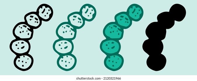 icon of round compound emerald microbe in flat style.a set of contrails and a silhouette of a bacterium in the style of hand-drawn doodles, 5 round connected bacteria of bright green color with a cont