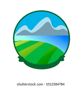 The icon is round with the image of nature. Green meadow, lake and mountains. Vector illustration.
