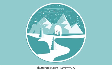 Icon round - Polar bear, mountains, snow, spruce, - isolated on light background - art vector