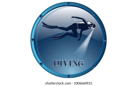 Icon, round - Scuba diving - Diver - isolated on white background - vector illustration. Diving club.