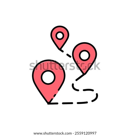 
icon route,Three location markers connected by a dashed line represent a route. Ideal for travel, navigation, map, or transportation concepts. Isolated white background editable, eps 10
