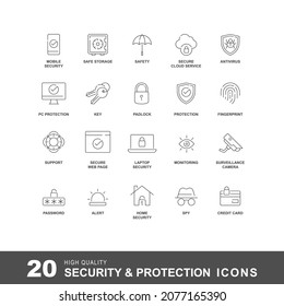 Icon row security and protection. Cyber ​​web security and privacy icons set with editable stroke