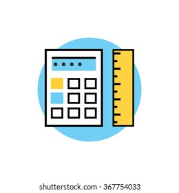 Icon of ruler with calculator logo. Isolated calculator and ruler on white background. Modern vector illustration for web and mobile app. Thin, line, stroke, outline calculator and ruler icon