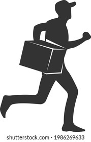 The icon of a running courier with a parcel. The symbol of the silhouette of a fast courier. Delivery service. Vector flat illustration for apps and websites.