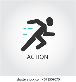 Icon of running men, action, sport, move concept. Vector illustration drawn in flat style. Black and green shape pictograph for your design needs. Simple label