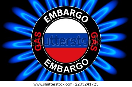Icon with Russian flag surrounded by flames of natural gas, Symbol of the gas problems of Europe and the world, gas embargo and sanctions, 3D vector illustration background.