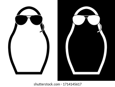 Icon, Russian matryoshka, nesting doll in the image of a special services agent with black glasses and an intercom. Surveillance of the population, special operations. Isolated black white vector