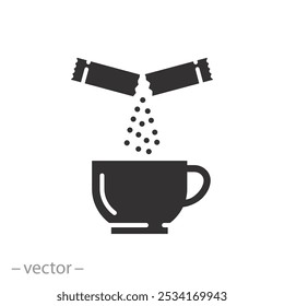 Icono de sachet sugar throw en taza, café o té azucarado, Ilustración vectorial plana